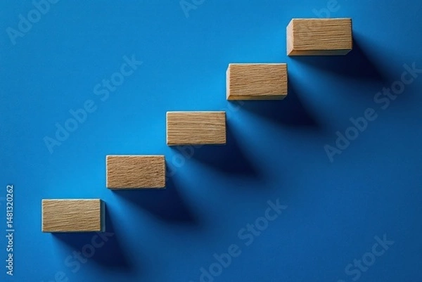 Fototapeta Five wooden blocks arranged diagonally upwards on a blue background casting long shadows, symbolizing growth or progression
