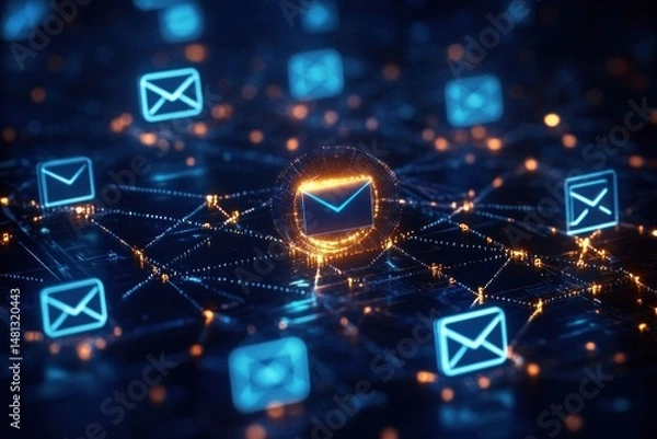 Fototapeta Glowing digital envelope icons interconnected on a dark futuristic network grid symbolizing secure email communication and data exchange