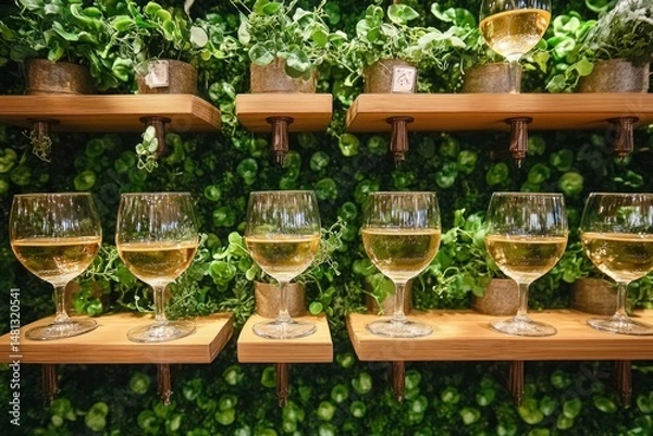 Fototapeta Row of wine glasses filled with white wine on wooden shelves against a lush green leafy backdrop with potted plants on top shelves creating a fresh and inviting atmosphere