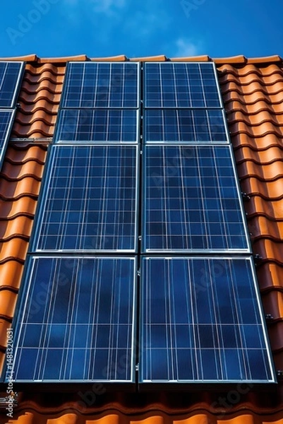 Fototapeta Close-up view of a set of six solar panels installed on a red tiled roof against a clear blue sky during daytime