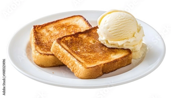 Fototapeta Crispy toasted bread slices served with a scoop of ice cream.