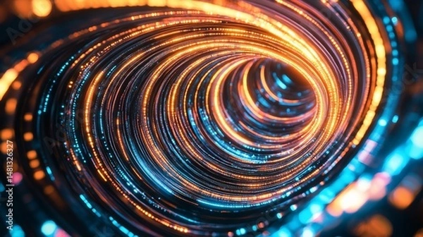 Obraz Abstract digital spiral with glowing orange and blue lights creates a dynamic tunnel effect