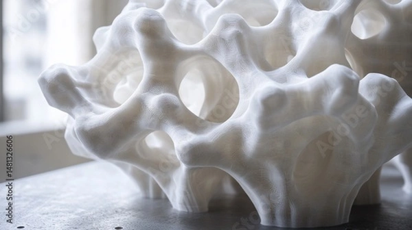 Obraz A close-up view of a complex white 3D printed object with organic shapes