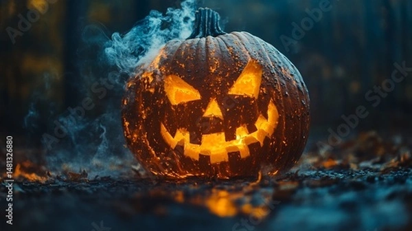 Obraz Glowing Jack-o'-lantern emitting smoke, a spooky Halloween night scene in a forest setting