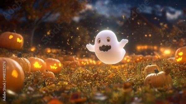 Obraz Halloween night with a cute ghost and pumpkins field lit by jack-o'-lanterns