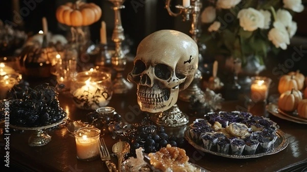 Obraz Spooky Halloween table setting with skull, pumpkins, candles and dark grapes