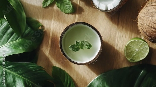 Obraz Refreshing Coconut Drink with Mint and Lime on Wooden Surface Surrounded by Leaves
