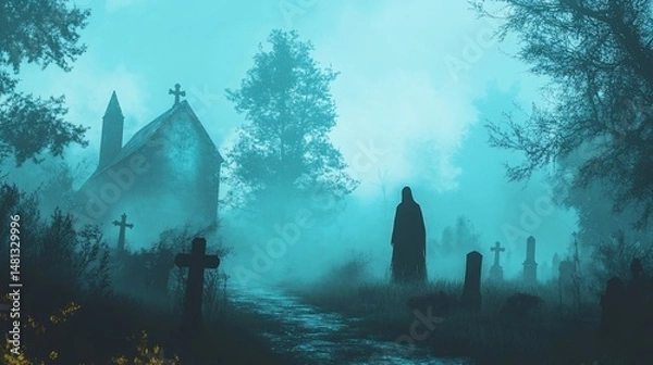 Obraz A ghostly figure stands in a foggy graveyard beside an old stone church, creating a mystical, spooky scene