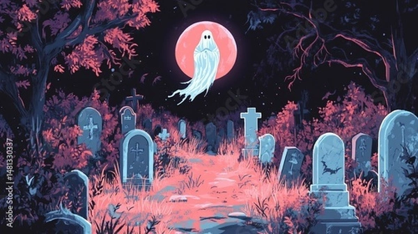 Obraz Eerie graveyard scene with a ghostly figure flying in front of a red moon