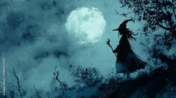 Obraz A silhouette of a witch against a full moon in a misty blue environment