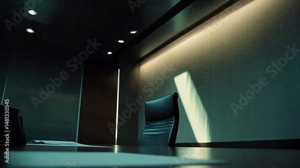 Obraz A dimly lit office room with a black chair and a sunbeam cutting through the darkness