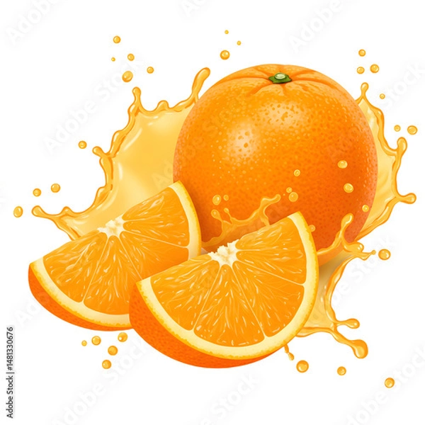 Fototapeta Dynamic Orange Composition: Whole & Sliced with Refreshing Juice Splash on Transparent Background: Refreshing Splash Effect