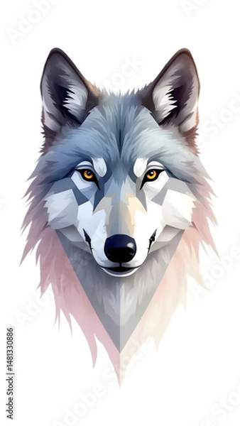 Fototapeta A striking digital illustration of a white wolf's head with piercing yellow eyes set against a stark