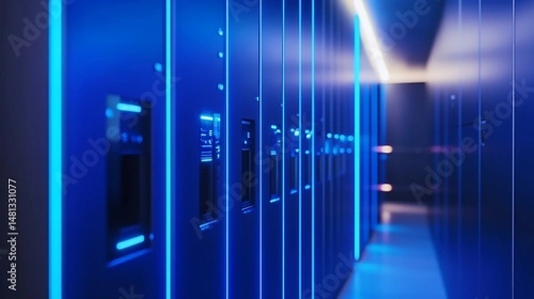 Obraz Futuristic Data Center with Blue Neon Lights and Server Racks Illuminating Technology Infrastructure