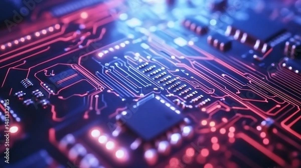 Obraz Close-up Image of Electronic Circuit Board with Glowing Red and Blue Traces