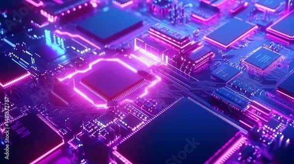 Obraz Futuristic glowing microchip motherboard with pink and blue accents and intricate circuitry