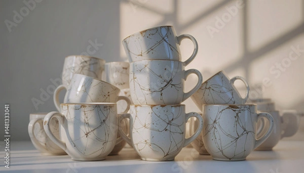 Obraz A stack of ceramic mugs with hand-painted details, arranged with minimalist precision and bathed in golden hour light.