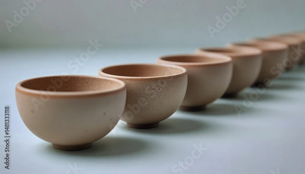 Obraz A row of earth-toned ceramic bowls with clean lines arranged on a pastel surface, softly lit for depth and warmth.