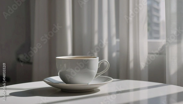 Obraz A minimalist light gray ceramic coffee cup and saucer bathed in soft natural light filtering through sheer curtains.