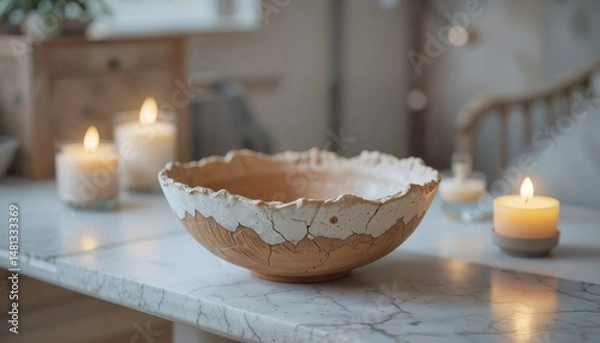 Obraz A handmade pottery bowl with raw edges rests on a sleek modern table, softly lit by ambient candlelight.