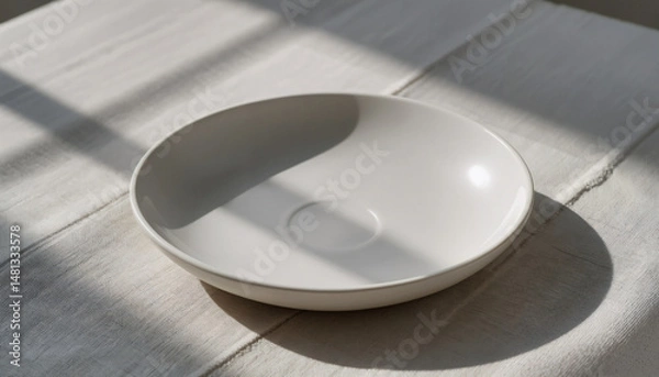 Obraz A minimalist ceramic saucer with soft curves rests on neutral linen, bathed in gentle natural daylight.