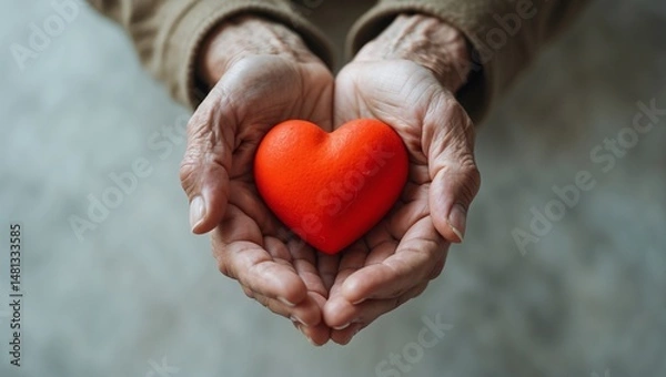 Obraz Elderly hands gently holding a red heart.