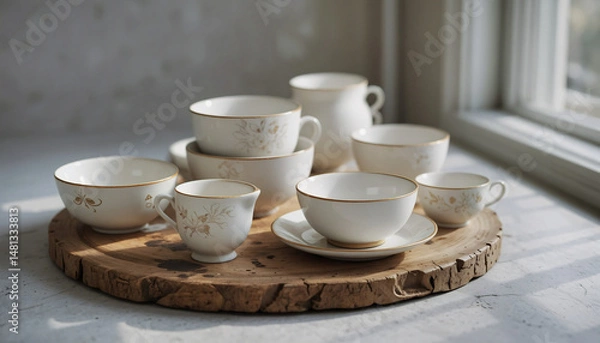 Obraz Neatly arranged white and beige ceramic dishes on a rustic wooden board, bathed in soft daylight for a peaceful ambiance.