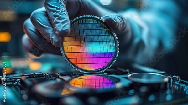 Fototapeta A gloved hand holding a colorful silicon wafer above a circuit board in a laboratory setting