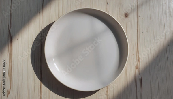 Obraz A minimalist cream-colored plate with matte finish sits on a wooden surface illuminated by natural daylight.