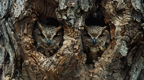 Obraz Two owls in a tree hollow