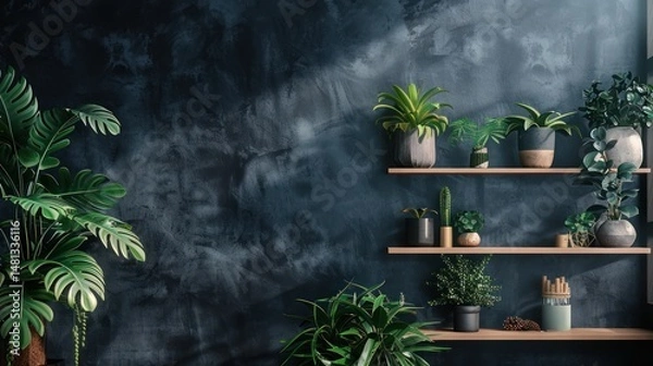 Obraz Dark wall with plants on shelves