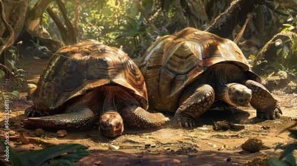 Obraz Two tortoises in a sunlit forest