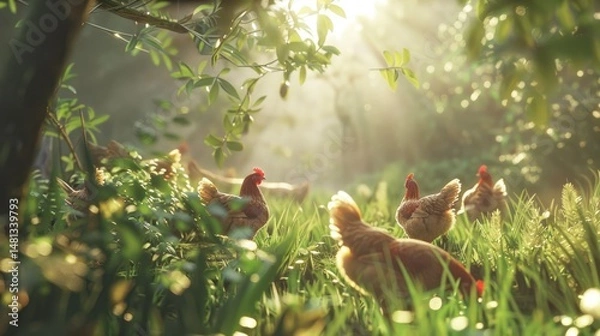 Obraz Hens foraging in a sunlit garden. Lush greenery surrounds a group of brown and reddish hens, bathed in morning sunlight filtering through trees