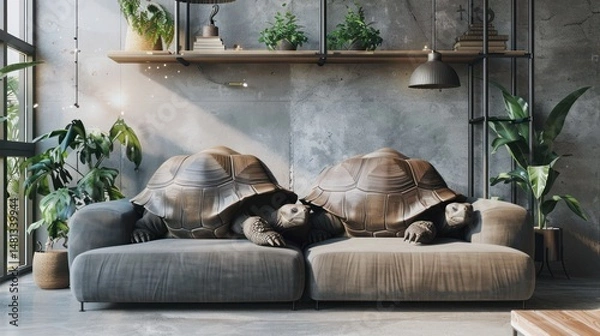 Obraz Turtles relaxing on modern couch