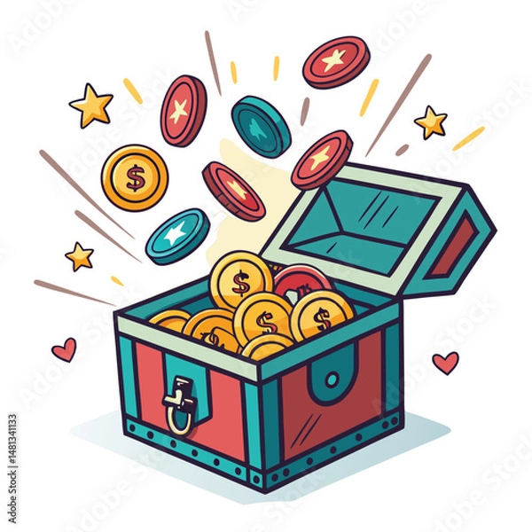 Fototapeta A vibrant loot box explodes, showering the viewer with glittering in-game currency coins and gems.  Focus on the dynamic action and rich colors.