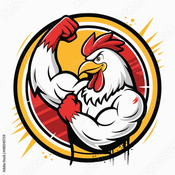 Fototapeta A hyperrealistic image of a muscular, anthropomorphic chicken flexing its biceps within a vibrant graffiti-covered alleyway.