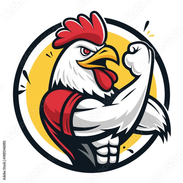 Fototapeta A hyper-realistic image of a muscular, anthropomorphic chicken flexing its biceps inside a vibrant graffiti-covered alleyway.