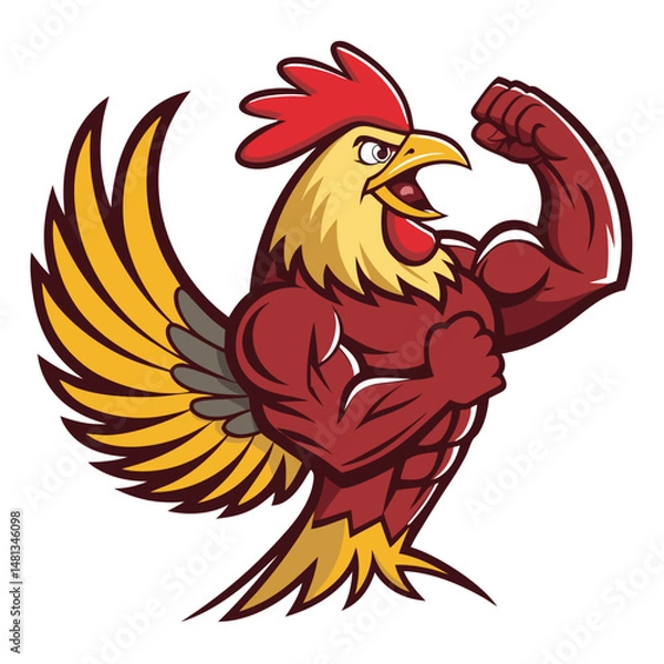 Fototapeta A hyper-realistic image of a muscular rooster bursting through a gym wall, flexing its powerful biceps and pecs, feathers ruffled.