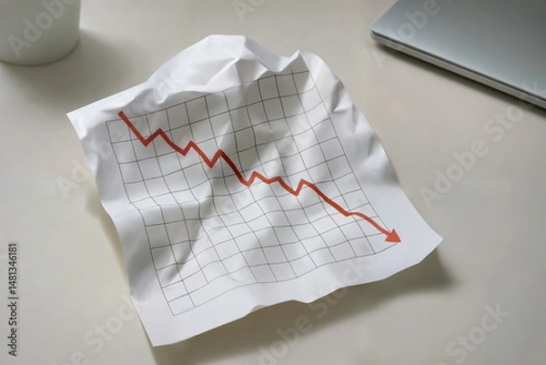 Obraz A crumpled downward-trending market graph resting on a clean minimalist desk, conveying financial frustration.
