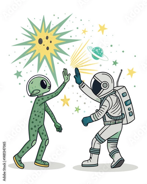 Obraz An astronaut and friendly alien high-five amidst vibrant nebulae and swirling cosmic dust; joyful expressions, detailed spacesuits and alien features.