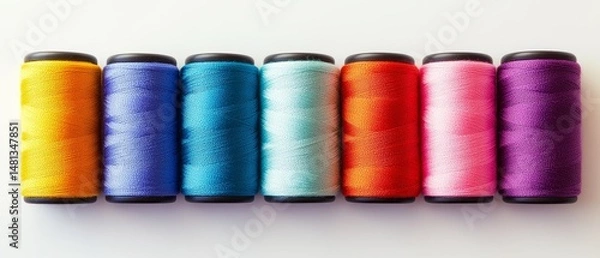 Obraz Colorful sewing bobbins and neatly folded fabrics arranged in a row