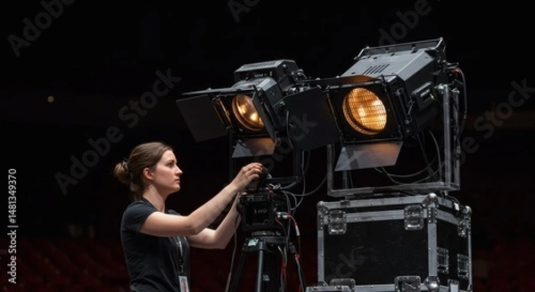 Fototapeta Woman adjusting professional lighting equipment for film production video shooting on location set up