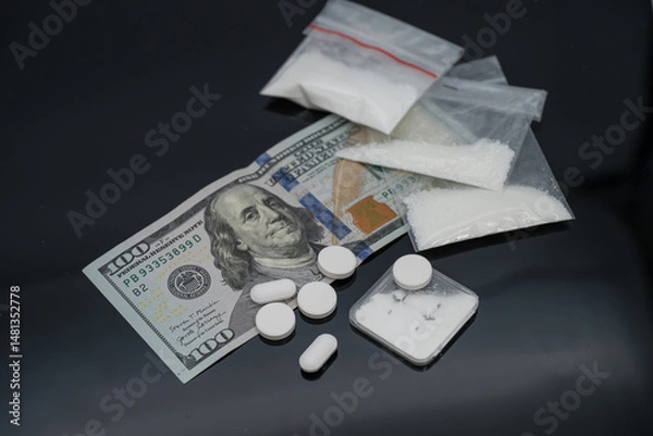 Fototapeta Narcotics addiction. White pills ,100 dollar bill and Plastic bag of powdered mephedrone drugs.
