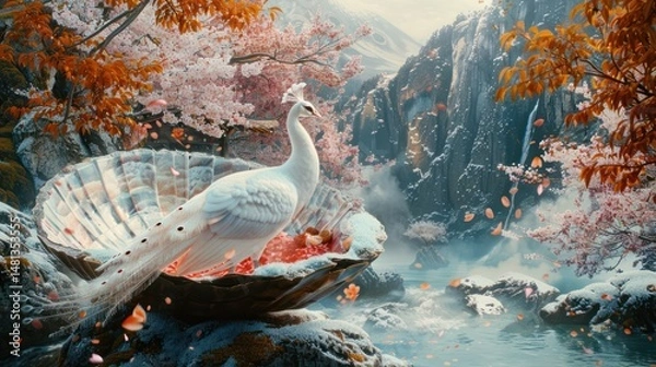 Obraz Majestic white peacock in a mythical shell by a stream