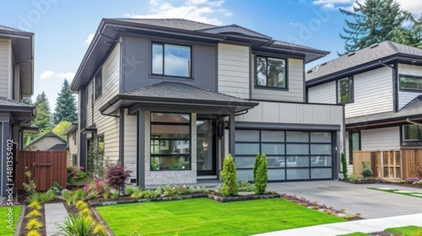 Obraz Modern two-story house with manicured lawn and landscaping