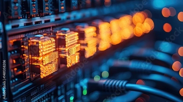 Fototapeta Close up of network server with ethernet cables and glowing lights in a data center rack system