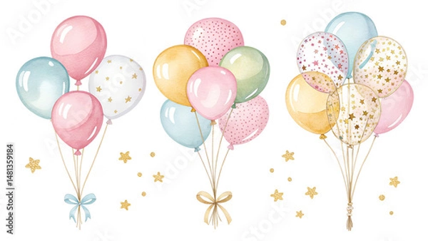 Fototapeta Three sets of balloons with stars and ribbons. The balloons are in different colors and sizes. The balloons are floating in the air