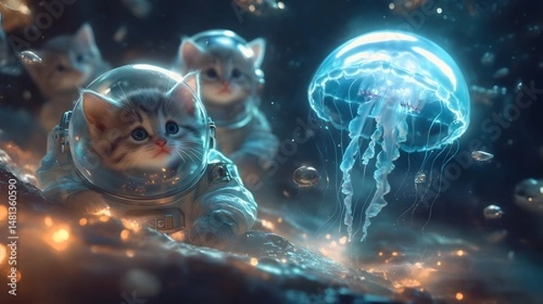 Fototapeta Cute kittens in space suits exploring with jellyfish underwater fantasy wallpaper background art design