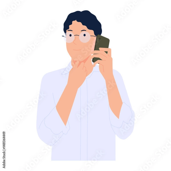 Fototapeta Smiling man talking on phone, contacting, discussing work, calling on telephone. Vector illustration isolated on white background