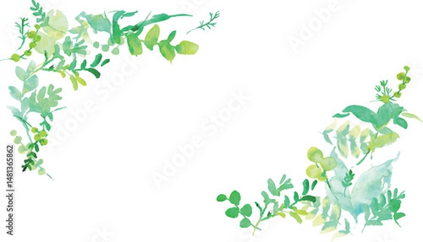 Obraz 水彩画。水彩タッチの草木のベクターイラスト。水彩画の緑の葉っぱ素材。環境。エコ。Watercolor painting. Vector illustration of grass and trees with watercolor touch. Watercolor green leaves material. Environment. Eco.